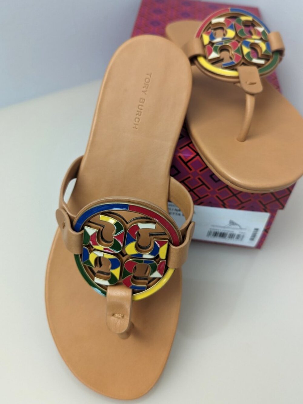 Tory Burch $298 Enamel Miller Soft Sandal Multi Natural Vachetta Tan 7.5 9 Slide
